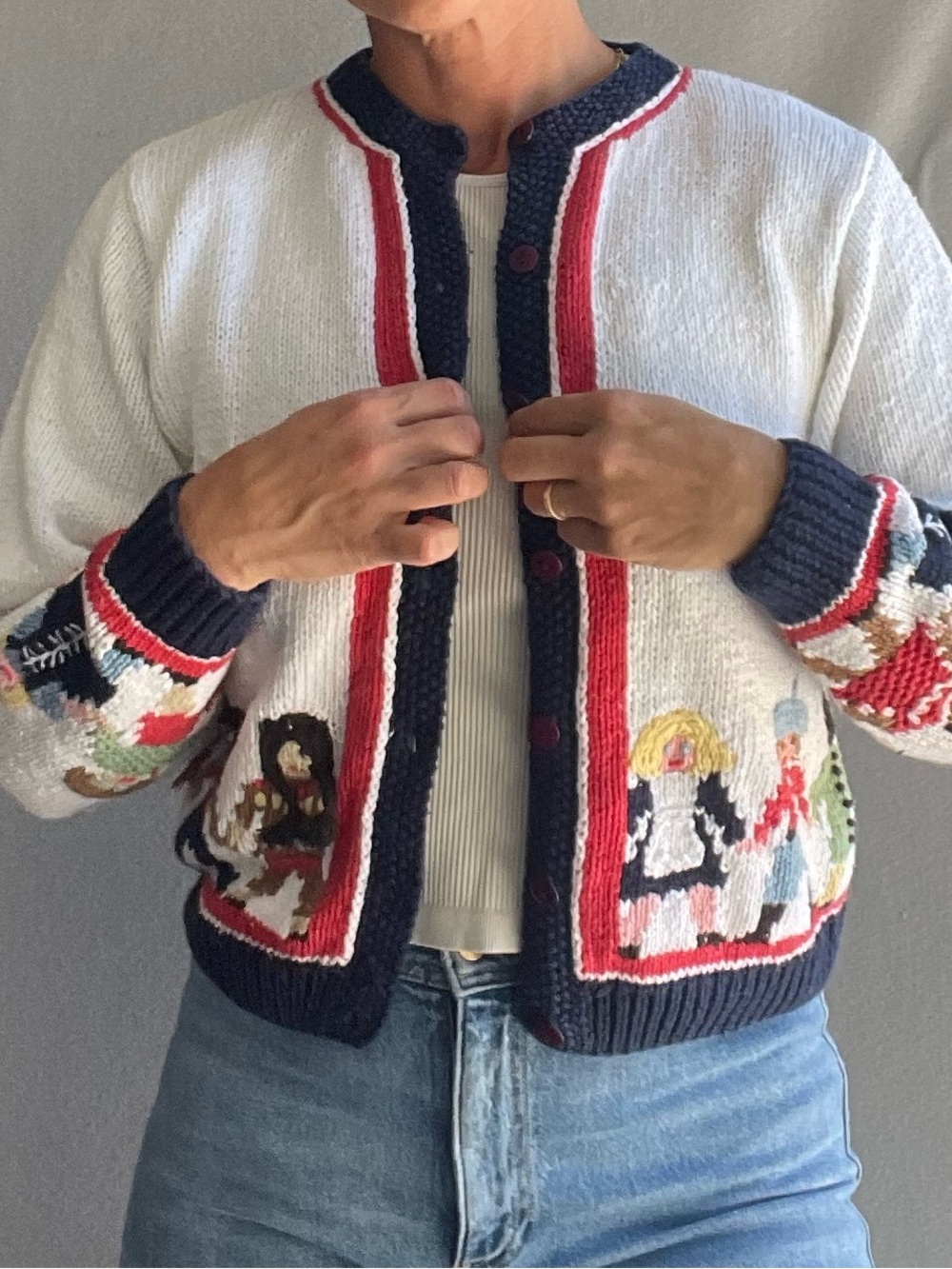 Vintage Folk Scene Cardigan Children Holding Hands Around the World Novelty